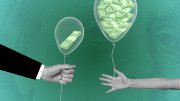 An illustration of interest rates rising, with two hands holding balloons full of money