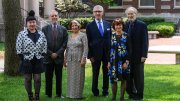 Group photo of Du Yun, Daniel Goleman, Mina Jahan Bissell, Sanford Greenberg, Catherine Gattegno Cesarsky, and John Dower