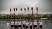 Oars raised after the race: (from left) Hugh Crane, Garrett Olmsted, Gib Vincent, Roger Cheever, Scott Steketee, Phil Tonks, Bobby Baker, Bill Endicott, and Gerry Goulet.