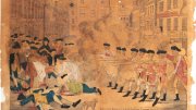 Historical scene in colonial Boston depicting British soldiers confronting civilians, with smoke rising, in a city street.