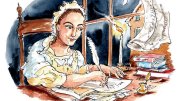 Mercy Otis Warren in period attire writes at a desk by candlelight, surrounded by books.