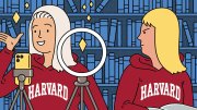 Illustration of two students in Harvard hoodies, one speaking animatedly to a phone, the other reading, looking annoyed.