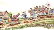 Historical scene depicting a parade with soldiers and a town square in the background.