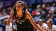 Elena Rodriguez dribbling the basketball up the court 
