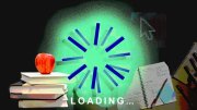 Loading icon surrounded by books, an apple, and a notepad with writing.