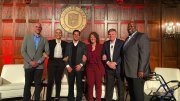 The "Fab Five of Harvard Sports" panelists: (left to right) Ben Crockett ’02, Allison Feaster ’98, Don Sweeney ’88, and Jessica Gelman ’97, M.B.A. ’02, alongside Harvard Club president Marcus O.P. DeFlorimonte PMD '95.