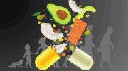 Silhouettes of a person aging from infant to elderly, with healthy foods and supplements emerging from capsules in the foreground.