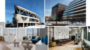 Modern campus collage: Rubenstein Treehouse Conference Center, One Milestone labs, Verra apartment, and co-working space.