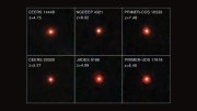 Six red star-like objects against a dark background, each with labels and coordinates.