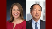 Two professional portraits side by side: a woman in a red top smiling and a man in a suit.