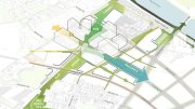 Map showing urban layout with roads, green spaces, and waterways.