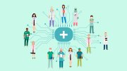 Illustration of diverse healthcare professionals around a central medical cross symbol.