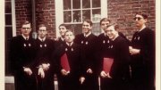 Harvard graduates gather outside in 1965