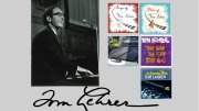Montage of Tom Lehrer performing at a piano; his signature; and several album covers