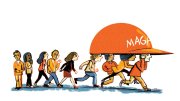 Illustration of college students running under a large red "MAGA" hat while others look on with some skeptisim.