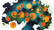 Illustration of a head in a cloud of oranges