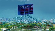 A computer bank, hovering ove a city, with electric wires coming out from the bottom and attaching themselfs into the city