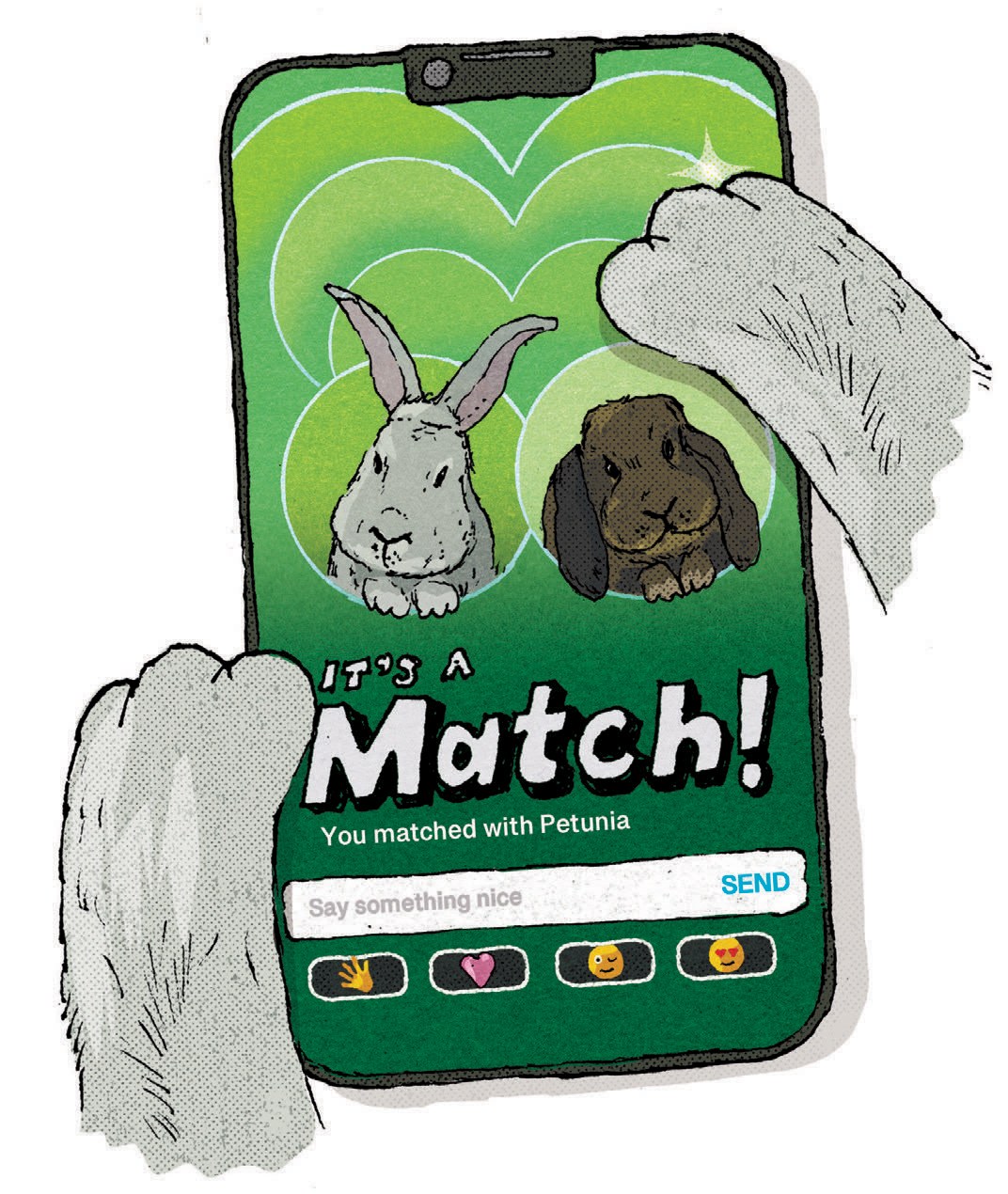 illustration showing a dating app on a phone held by two rabbit paws, with two rabbits in the center and the words "it's a match."