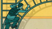 A person climbs a curved ladder against a colorful background and four vertical ladders.
