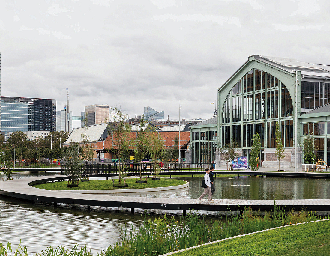 A pond with a floating walkway