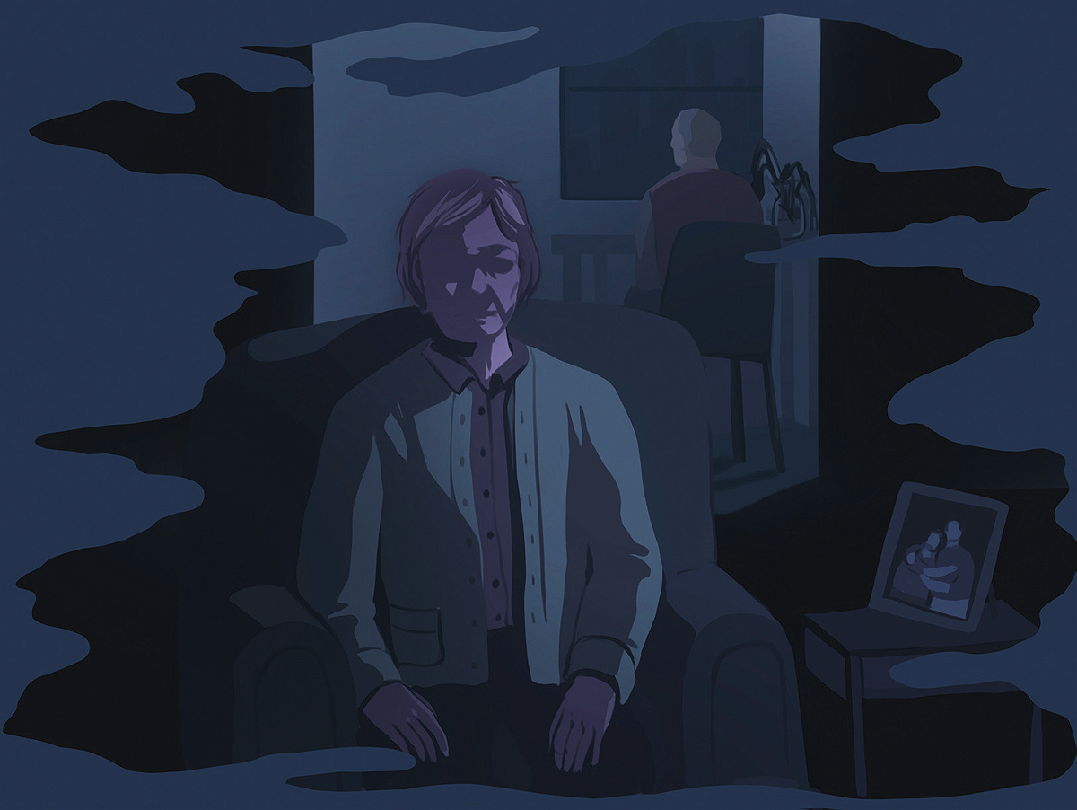Illustration of a somber woman sitting in a dark room, with a man visible in the background.