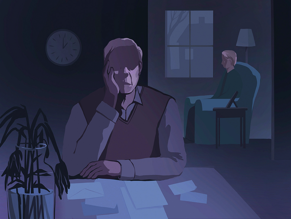 llustration of a man resting his head on his hand at a table in a dimly lit room, with another man seated by a window in the background.