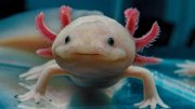 An axolotl with a pale body and pink frilly gills, looking directly at the viewer.