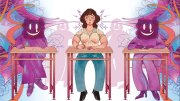 A girl sits at a desk, flanked by colorful, stylized figures, evoking a whimsical, surreal atmosphere.