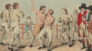 Two bare-knuckle boxers fight in a ring, surrounded by onlookers in 19th-century attire.