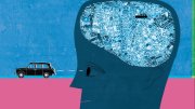 Silhouette of a head filled with a street map, with a taxi driving into the brain