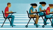 Students writing at desks on wheels, racing ahead of a stationary student at a fixed desk