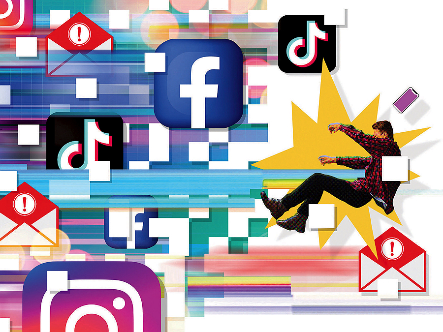 Person falling backward surrounded by social media icons, email alerts, and phone notifications, symbolizing digital overload.