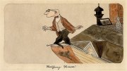 A whimsical illustration of a man balancing on a rooftop edge, wearing a suit and glasses.