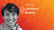 Carrie Lambert-Beatty headshot over an orange background.