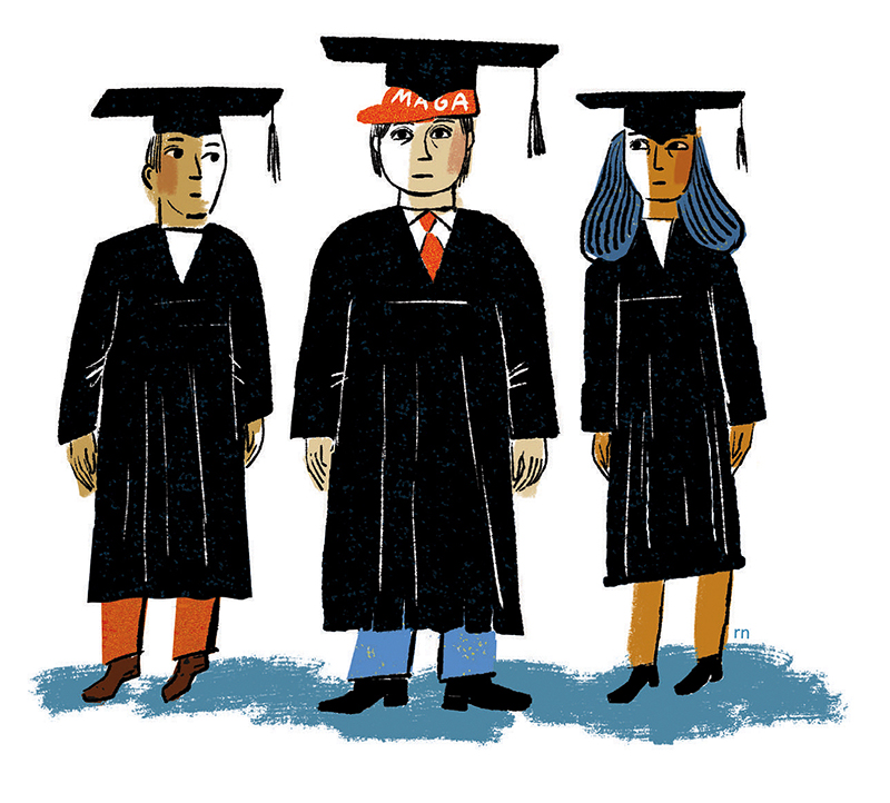 Illustration of three graduates, one wearing a red "MAGA" hat beneath their graduation cap.