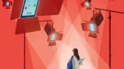 Student walking under bright stage lights shaped like smartphones displaying social media apps.