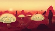 A silhouette of a person stands before glowing domes in a red, rocky landscape at sunset.