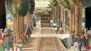 Perspective view of a train on tracks lined by trees, surrounded by colorfully dressed onlookers.
