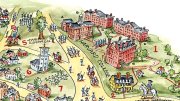 Colorful illustrated map of Colonial Cambridge and the Harvard College campus featuring buildings of the campus, houses, Cambridge Common, and the Charles River