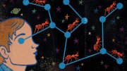 Illustration of a man looking at constellations with ants traversing the shortest distance between the stars in the constellation.