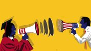 An illustration of a graduate in a cap and gown shouting into a megaphone labeled with a "U," facing a man shouting into a megaphone with an American flag design. The background is bright yellow.