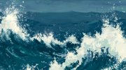 Rough ocean waves crashing against each other under a stormy sky.