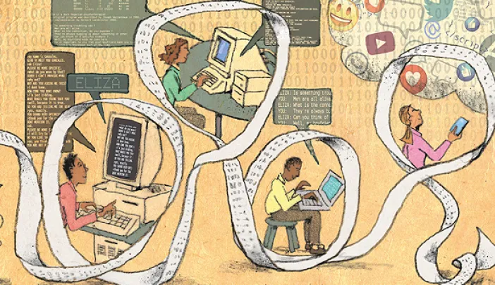 An illustration of generations of computers, from large machines to smartphones and the cloud