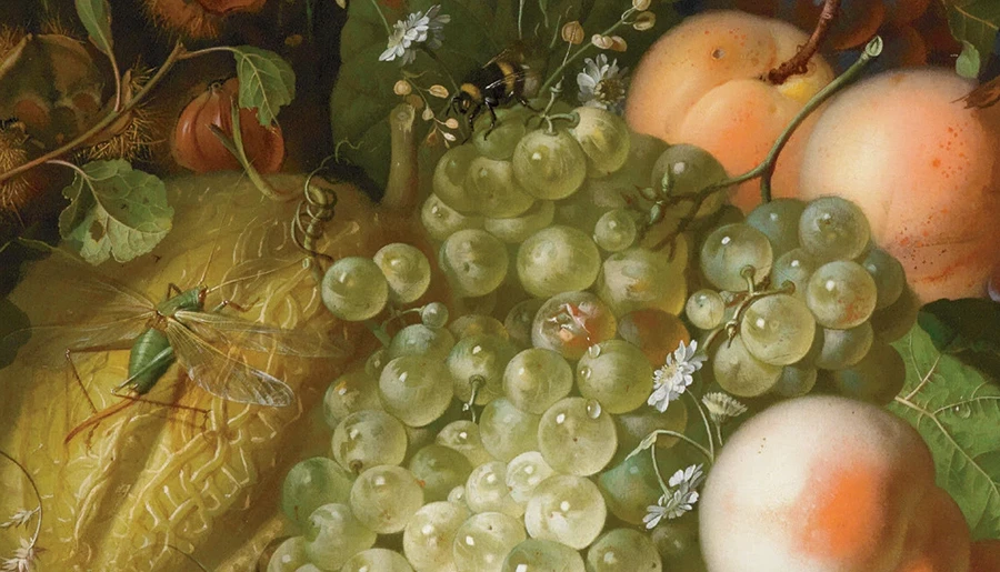 Detail of a painting depicting grapes, peaches, and melon with insects and flowers in a detailed still life.