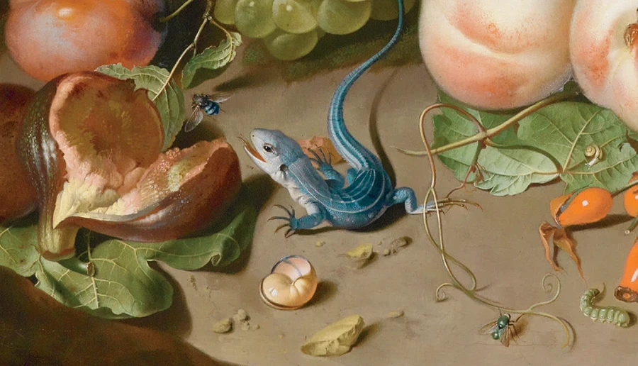 Detail of a painting depicting Blue lizard near figs, peaches, and insects on a table with scattered leaves.