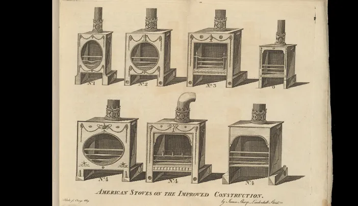 Engraved diagram showing eight ornate cast-iron stoves with chimneys labeled No. 1 to No. 4