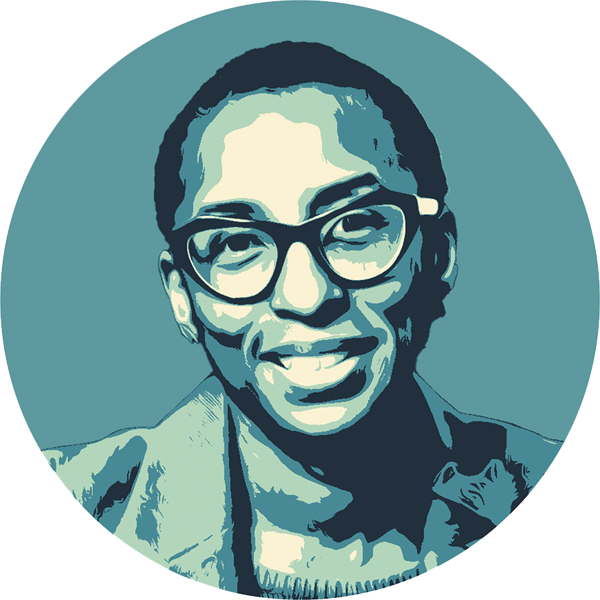 Stylized vector portrait of Claudine Gay  in shades of teal within a circular frame.