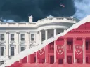 White House and Harvard University buildings split diagonally with contrasting colors.