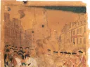 Historical scene in colonial Boston depicting British soldiers confronting civilians, with smoke rising, in a city street.