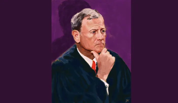 An illustrative portrait of Justice Roberts in a black robe, resting his chin on his hand.
